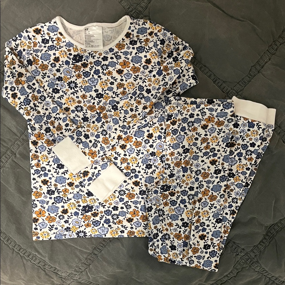 H&M Kids Snug Fit Cotton Jersey Pajama Set - Blue and Yellow Floral